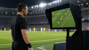 Árbitro revisando una jugada en el monitor del VAR durante un partido de fútbol