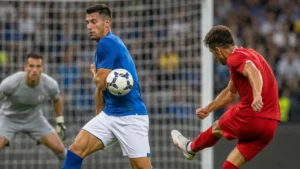Jugador de fútbol con el brazo pegado al cuerpo mientras el balón impacta cerca de su mano